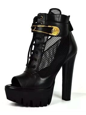 Auth Versus Versace Black Mesh Lace-Up Platform Heel with Gold Medusa Accent 41